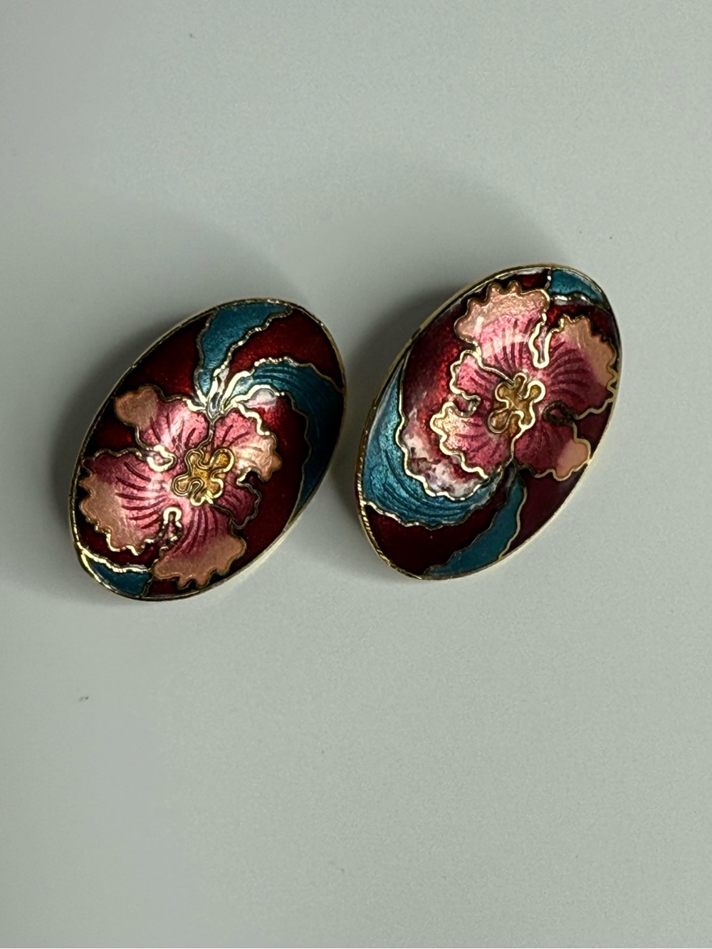 Vintage Floral Cloisonne Hibiscus Enamel Oval Earrings in Burgundy, Pink & Teal